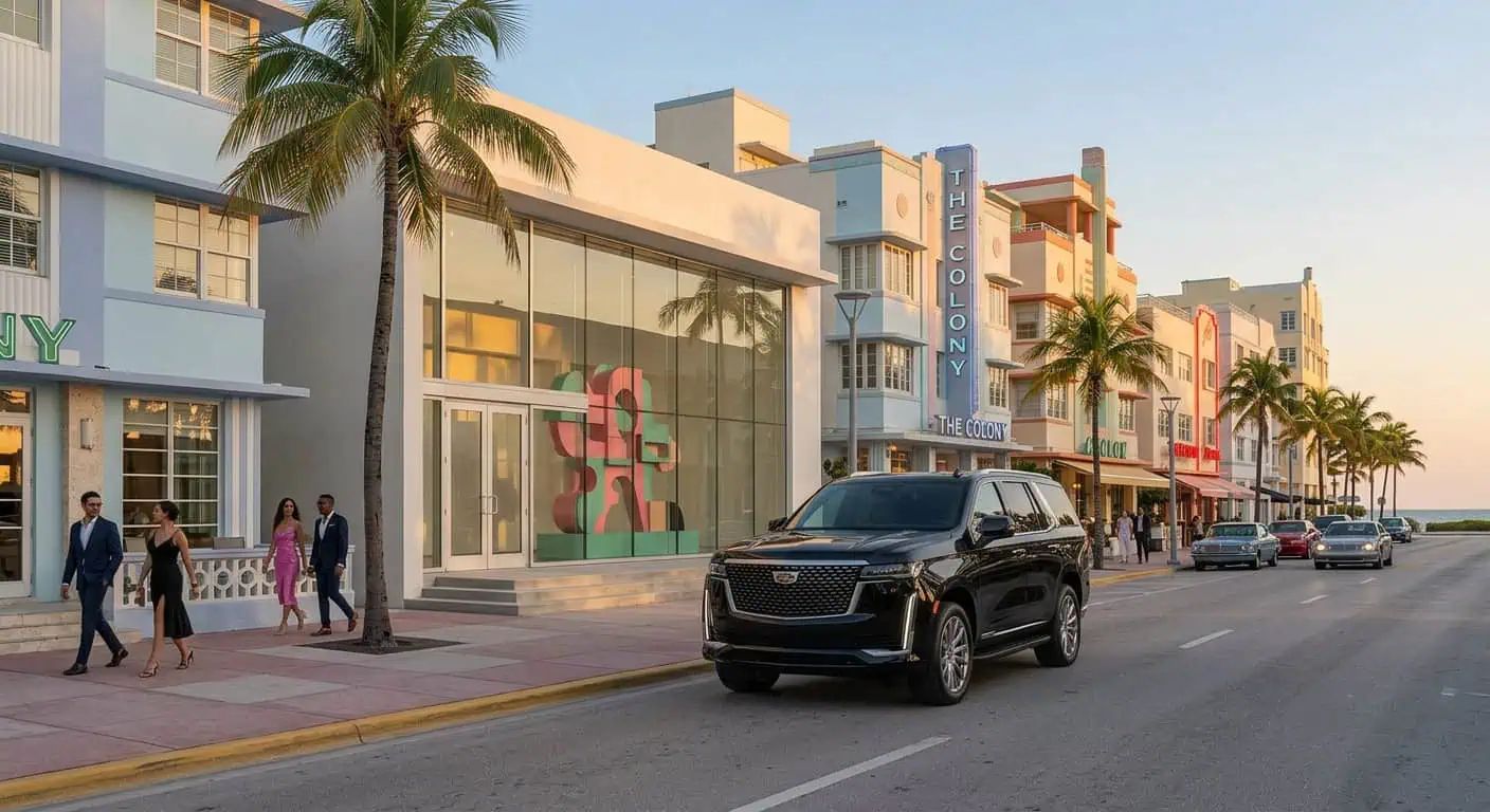 Art Basel Miami traffic: a black Cadillac Escalade on Ocean Drive beside the Art Deco hotels in early evening light