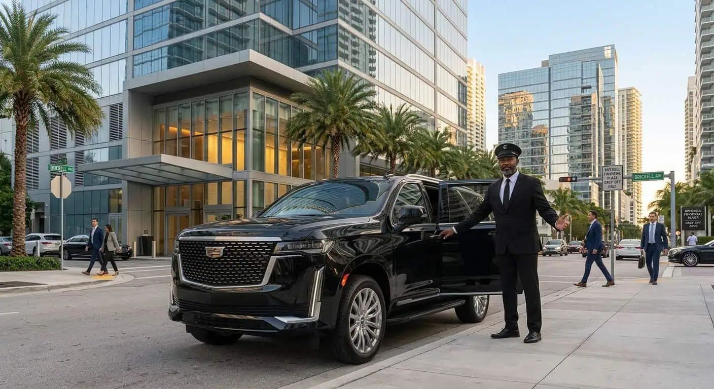 Corporate ground transportation in Miami: a chauffeur holding the door of a black Cadillac Escalade outside a Brickell office tower