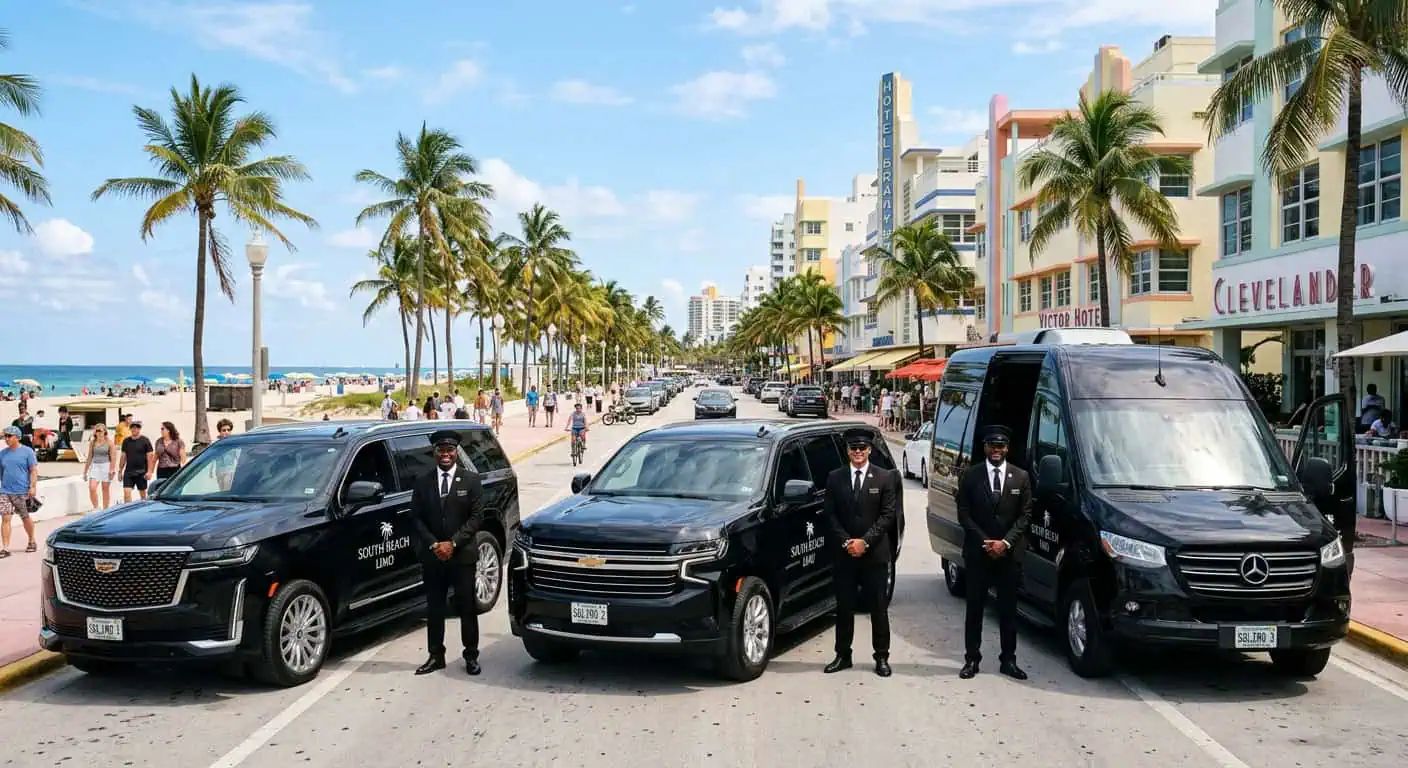South Beach Limo chauffeurs standing beside a black Cadillac Escalade, Suburban and Sprinter on Ocean Drive